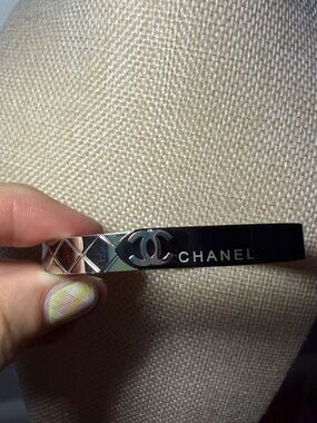 CHANEL Black & Silver CC Logo Enamel Bangle Bracelet